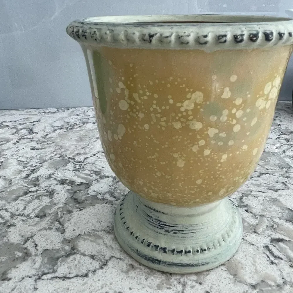 Urn shaped planter cream green speckled Greek decor home